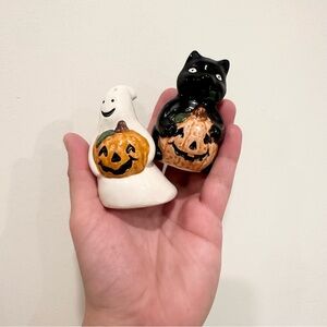 Halloween Hand Painted Black Cat Ghost Pumpkin Salt Pepper Shakers